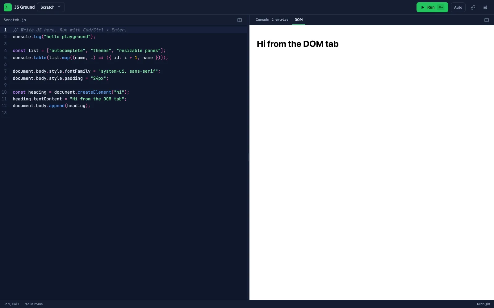 JS Ground DOM preview tab